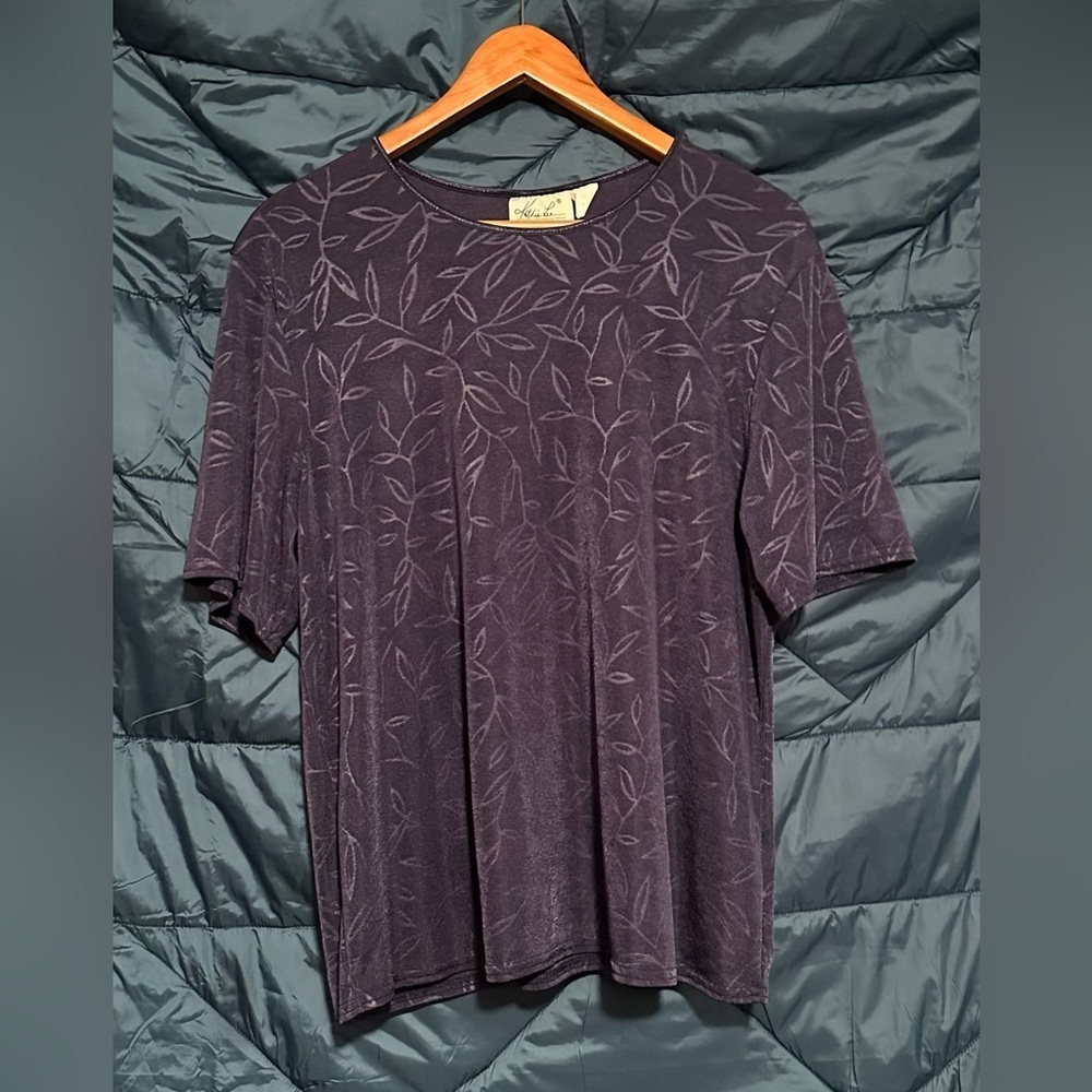 Kathie Lee Collection Navy Leaf Print Top